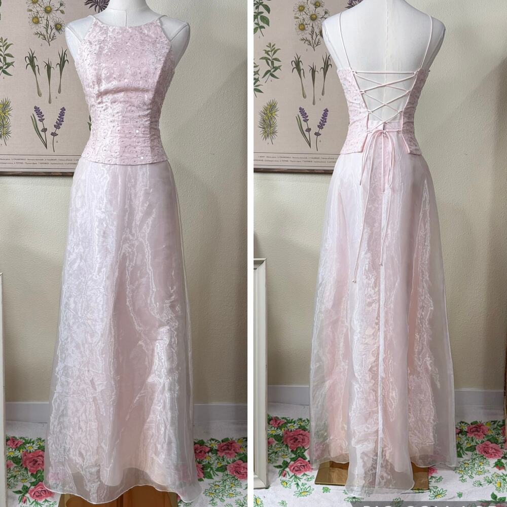 Y2k Embroidered Sequin Lace Up Corset Back Formal Dress Coquette Princess XS 1